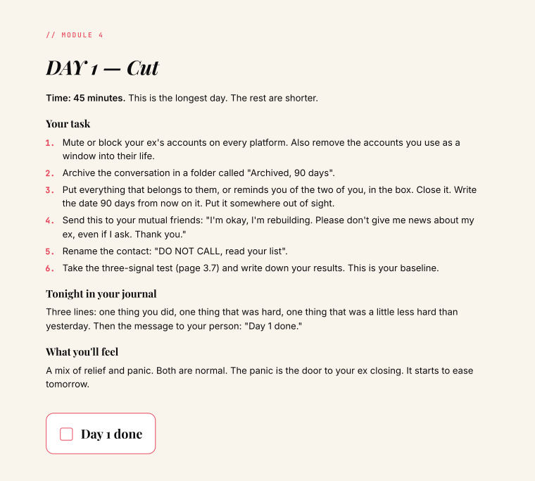 Page 27 of the guide: Day 1, Cut. Six steps in 45 minutes, the evening journal, what you'll feel.