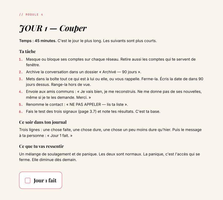 Page 27 du guide : jour 1, couper. Six gestes en 45 minutes.